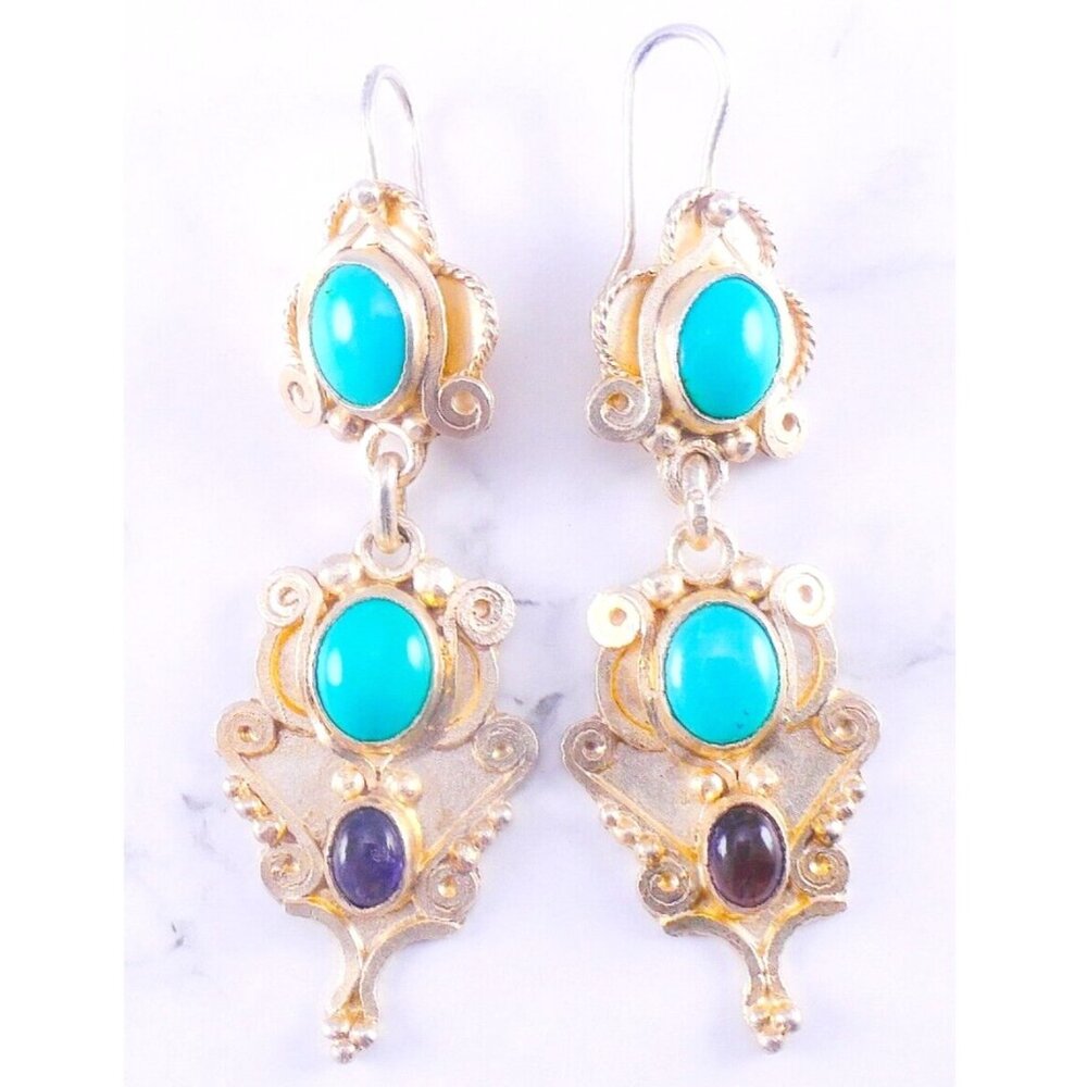 Vintage 900 Silver 2.75" Long Turquoise & Amethyst Dangle Drop Earrings 17.82g